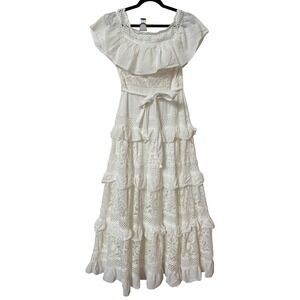 Lizette Collection White Lace Swiss Dot Tiered Maxi Dress Womens S Boho Ruffle